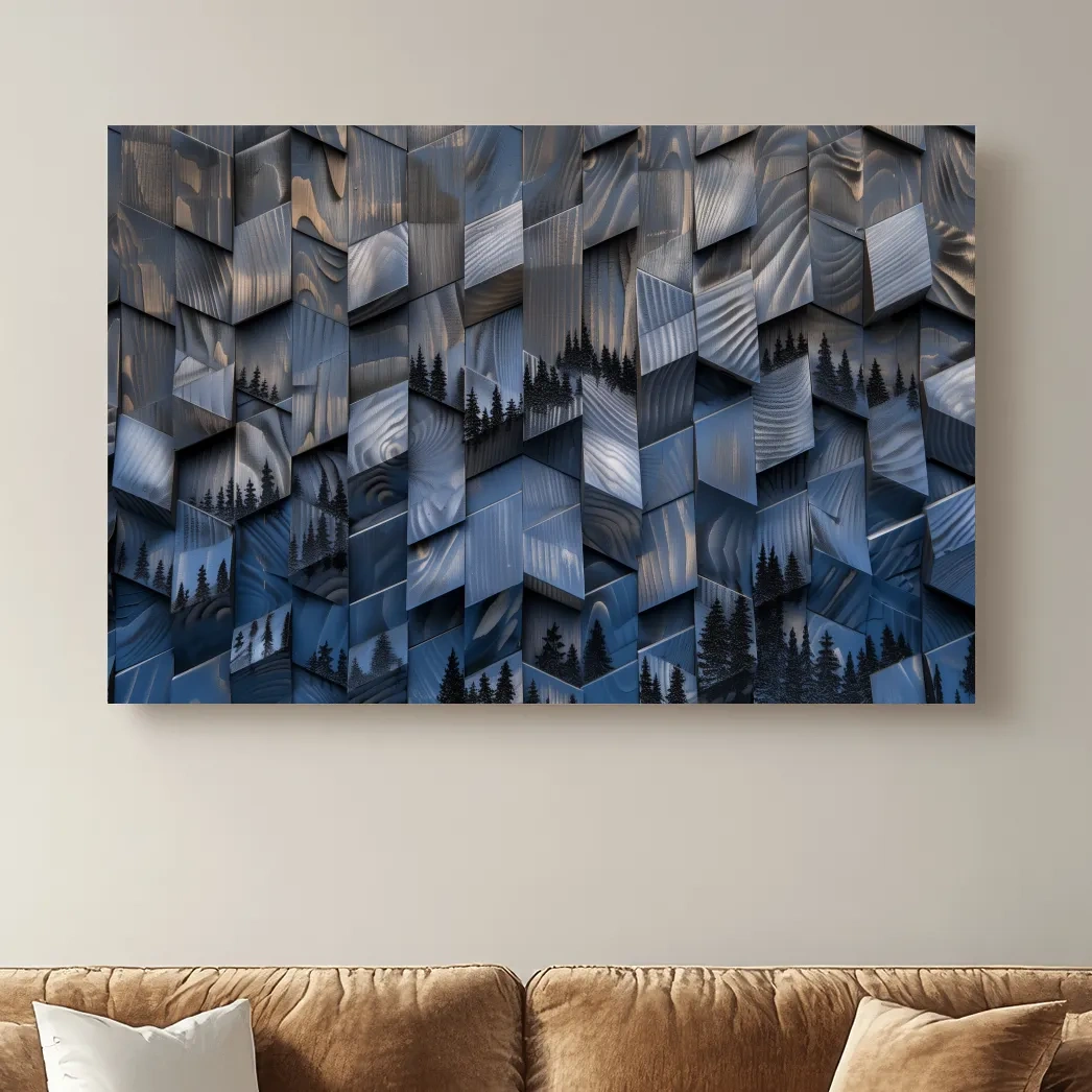 Wood Block Mountain Forest Collage - 3D Effect Abstract Landscape Wall Art