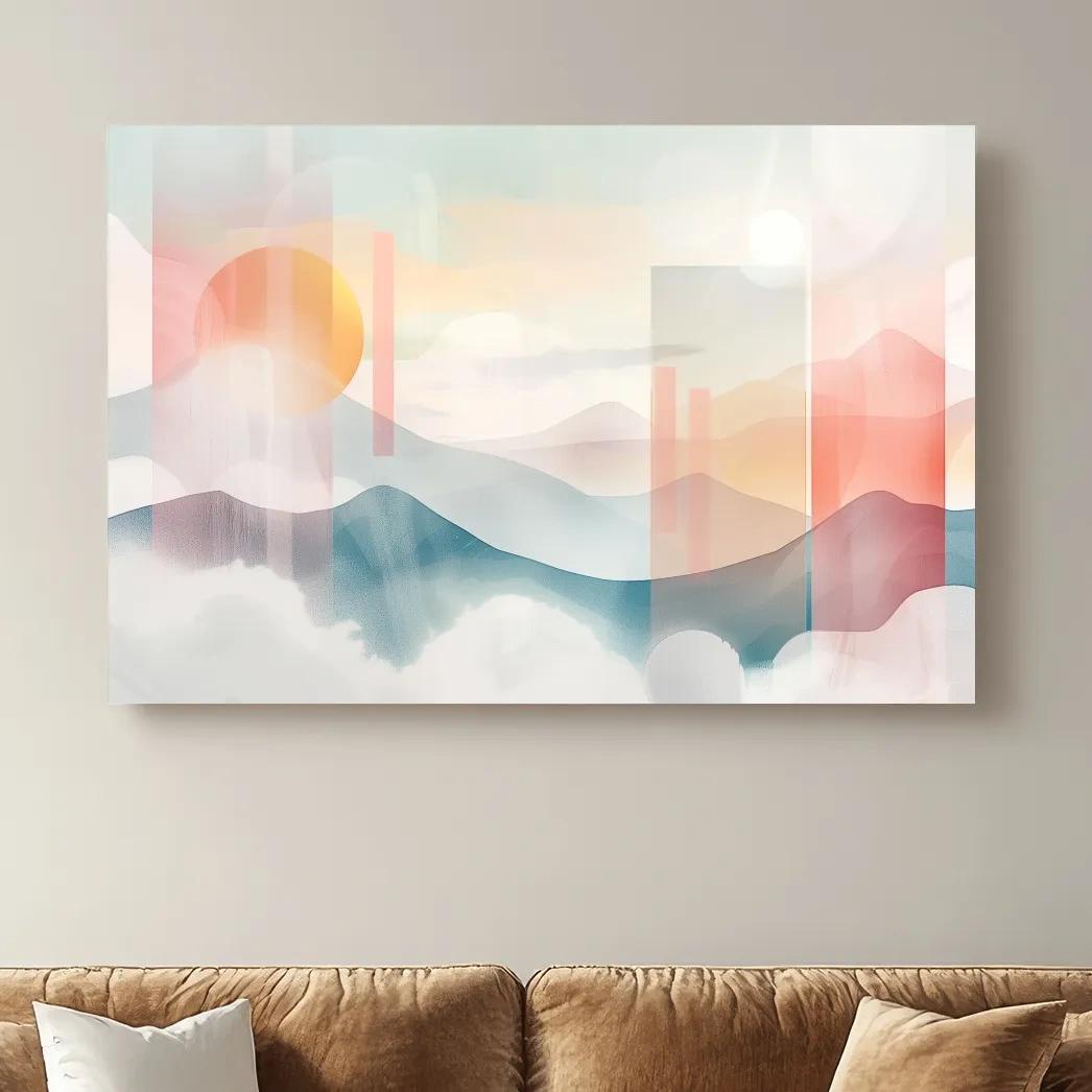 Mountains at sunset, soft pastel watercolor painting wall art