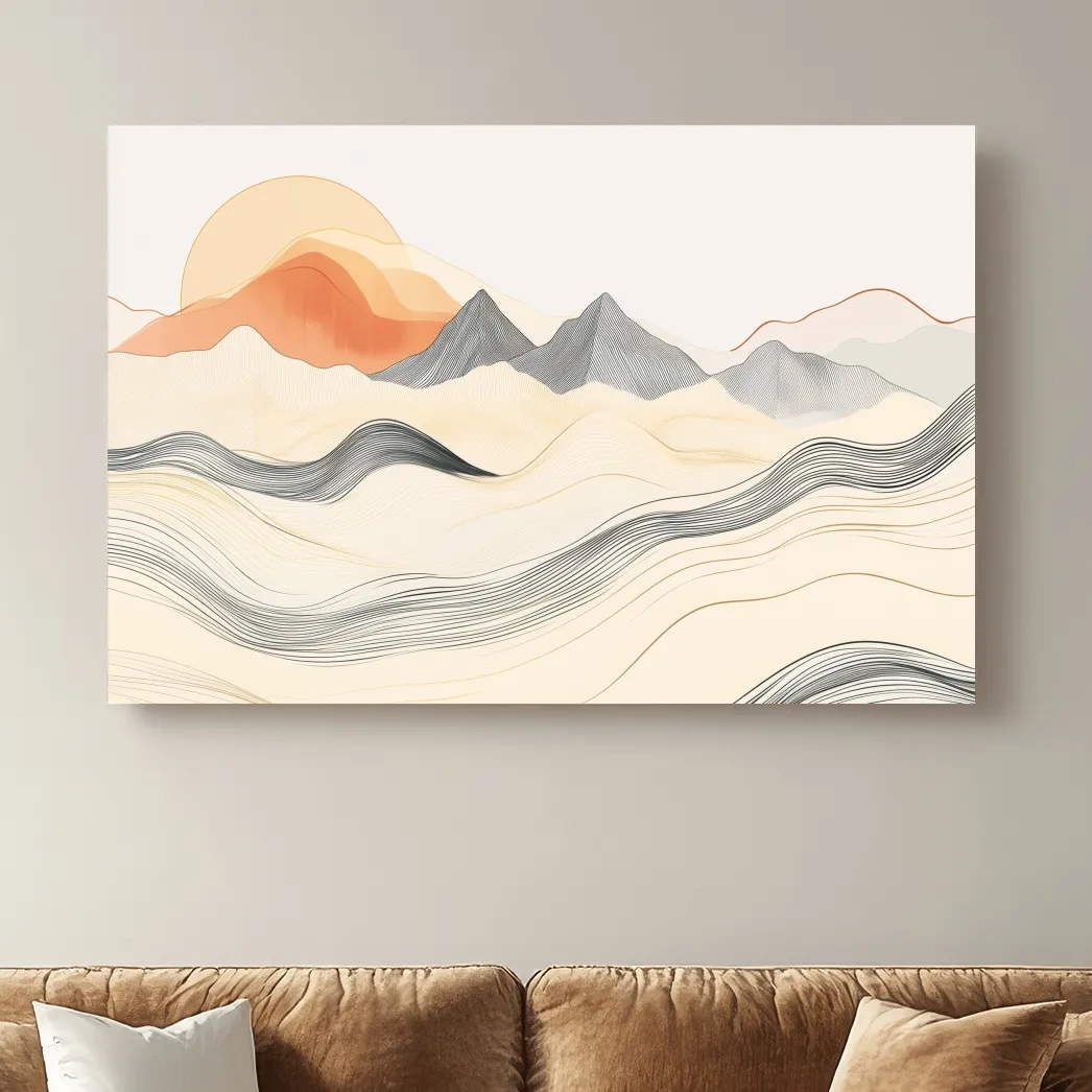 Mountain sunset wall art, abstract lineart illustration