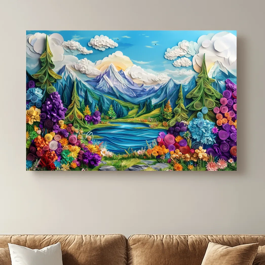 Vibrant alpine meadows artwork, 3D paper quilling effect