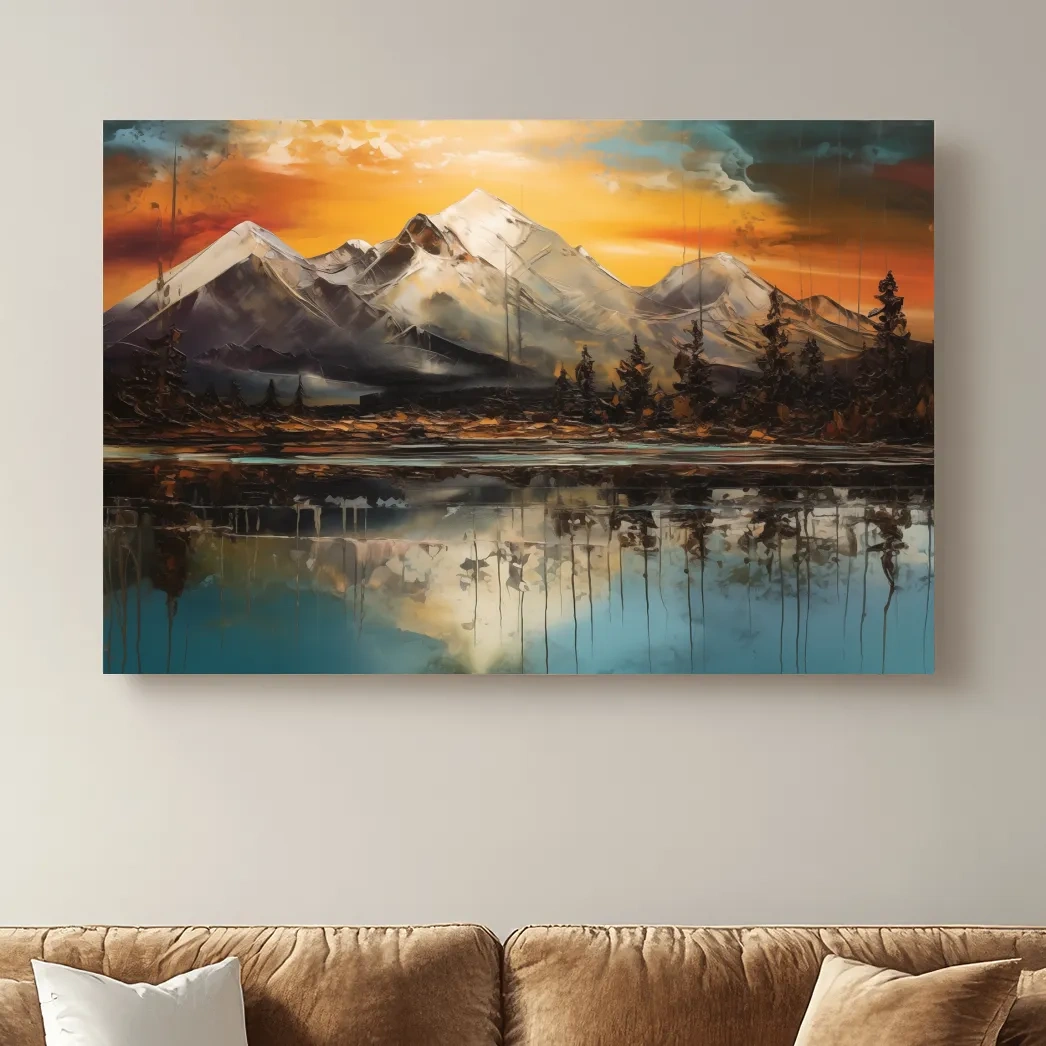 Abstract oil painting of an alpine lake at sunset