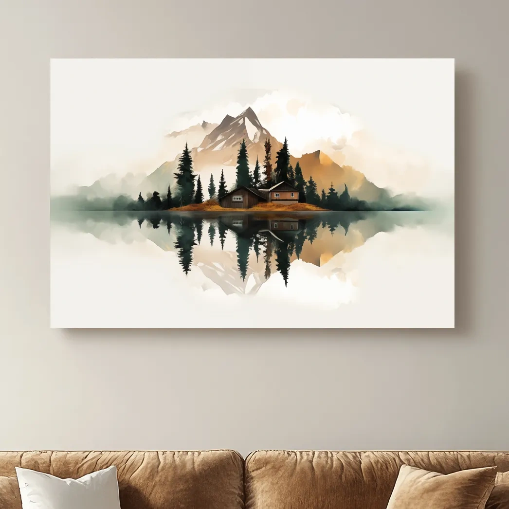 Minimalist art, glacier, lake, cabin, trees