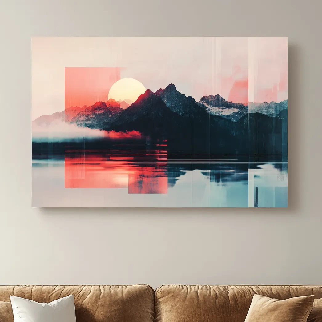 Sunset mountain wall art, glitch art effect