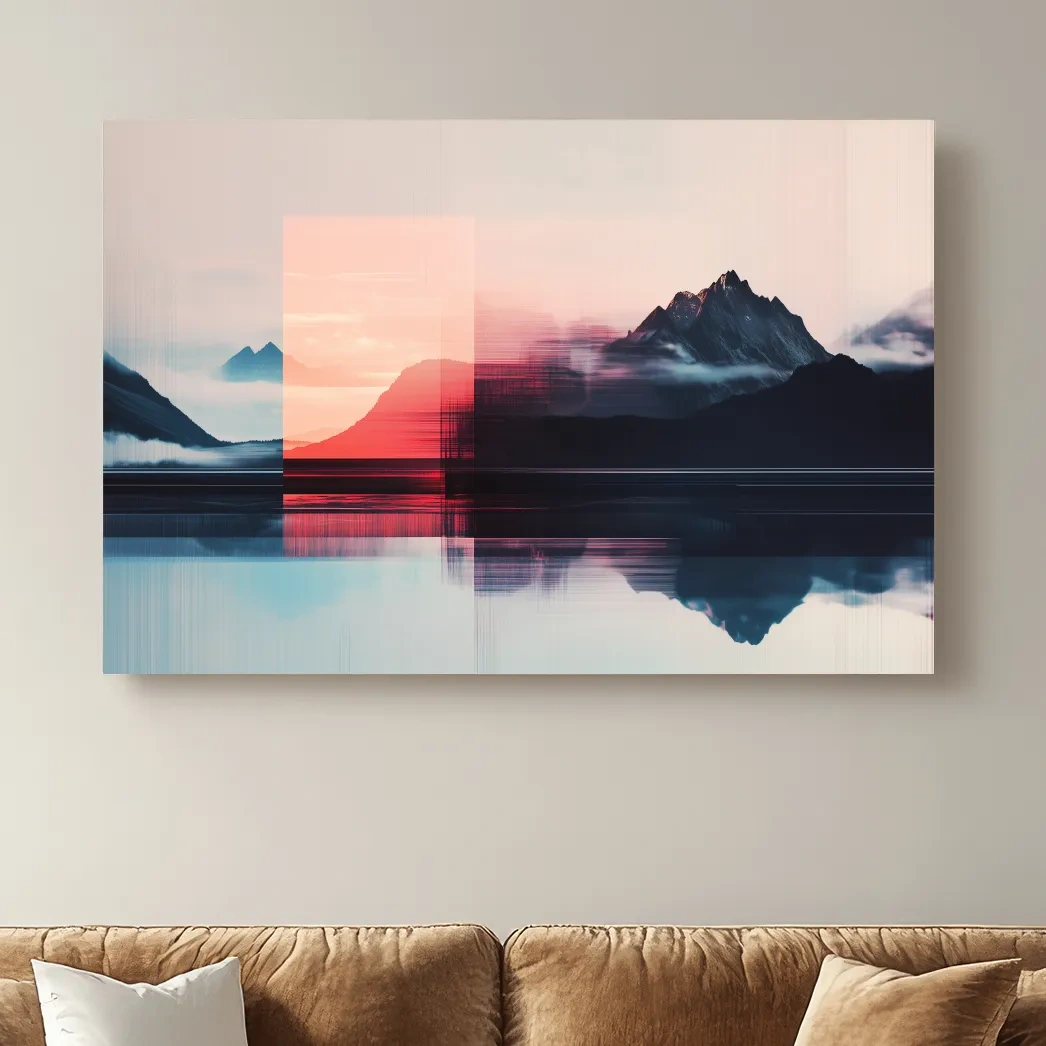 Mountains in the clouds at sunset, glitched wall art effect