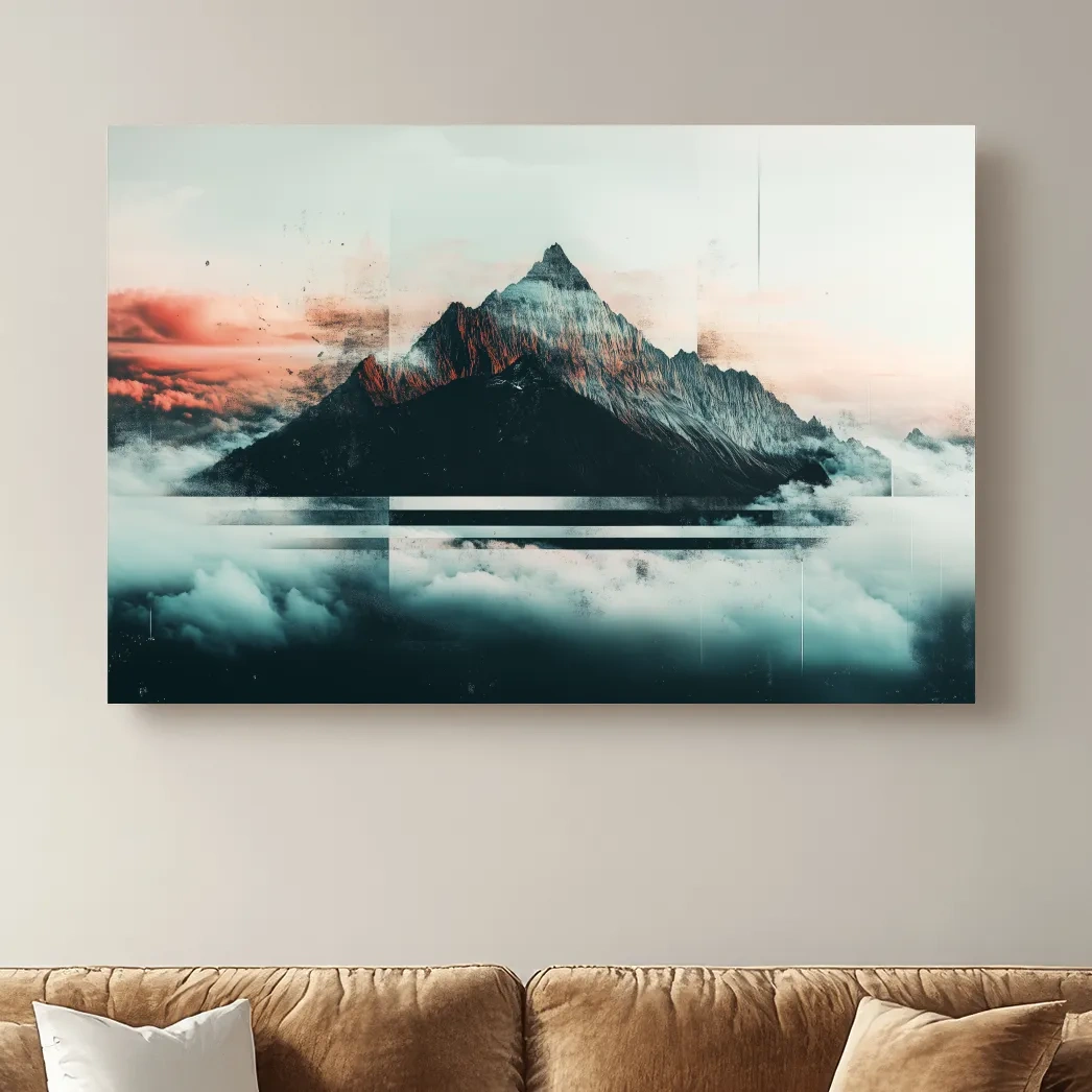 Mountain peak in the clouds at sunset, glitch style artwork