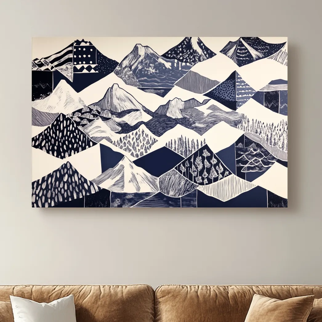 Linocut Patchwork Mountain Range Illustration - Modern Landscape Artwork