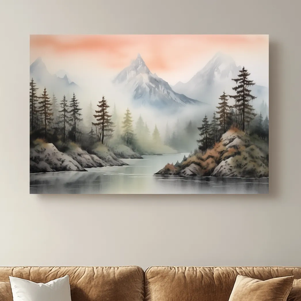 Chinese style ink wash watercolour painting of mountains