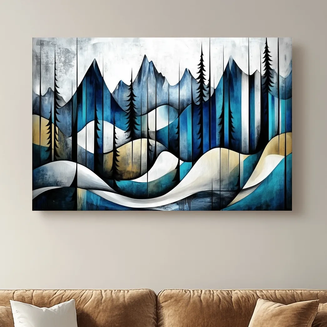 Abstract mountain painting, trees in the alpine, textured effect