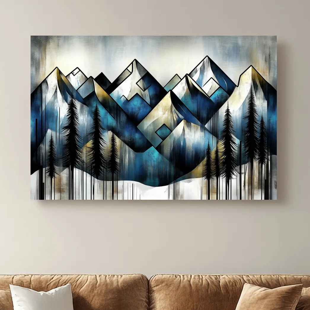Abstract geometric mountain painting, textured wall art effect