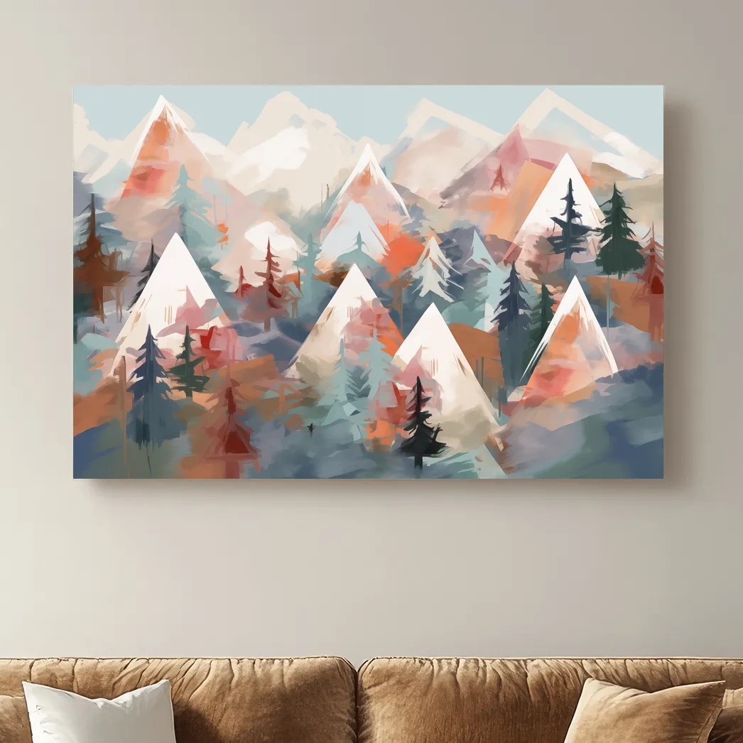 Abstract Alpine Peaks And Pine Forest - Pastel Watercolor Mountain Landscape Wall Art