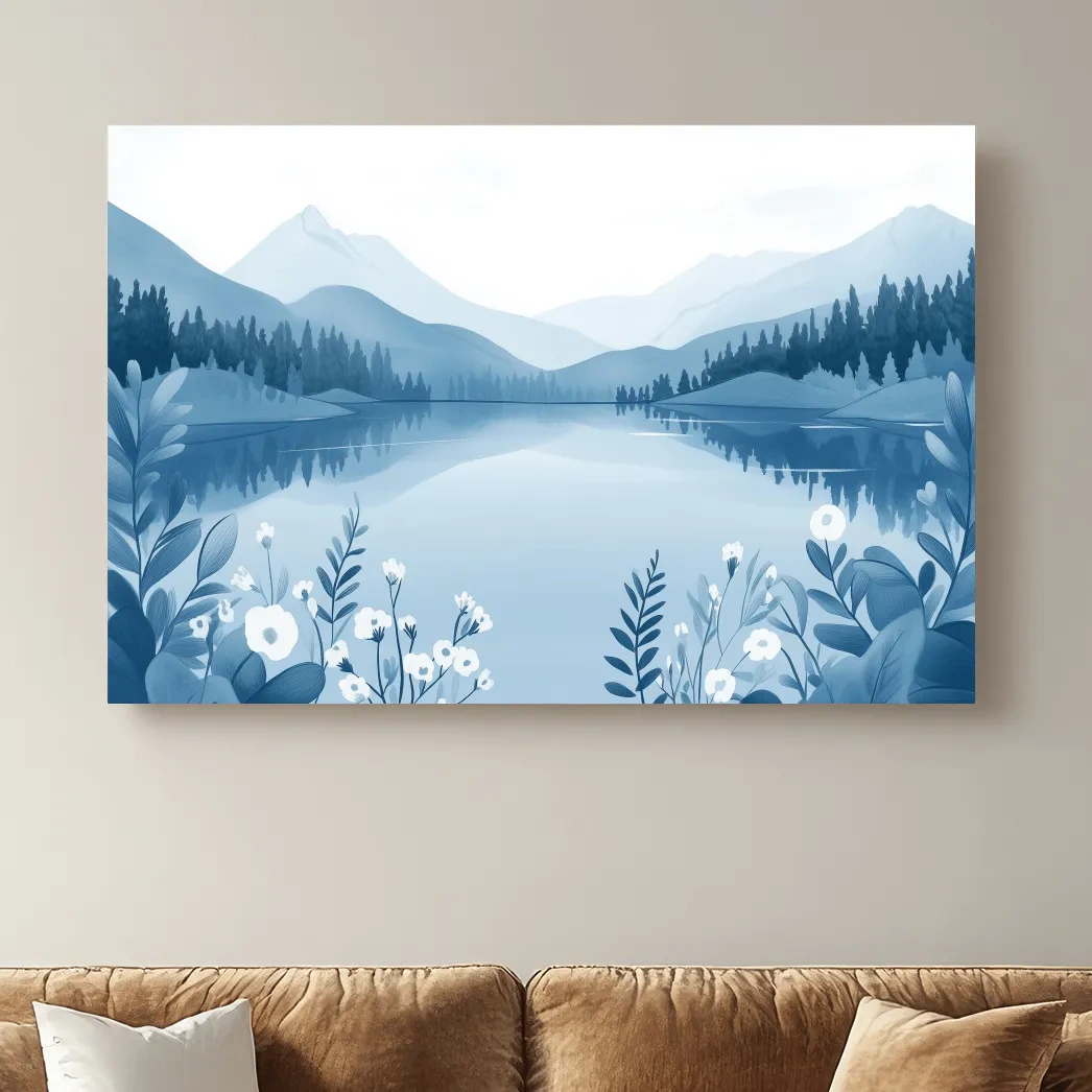 Serene Mountain Lake Illustration - Minimalist Alpine Landscape Wall Art