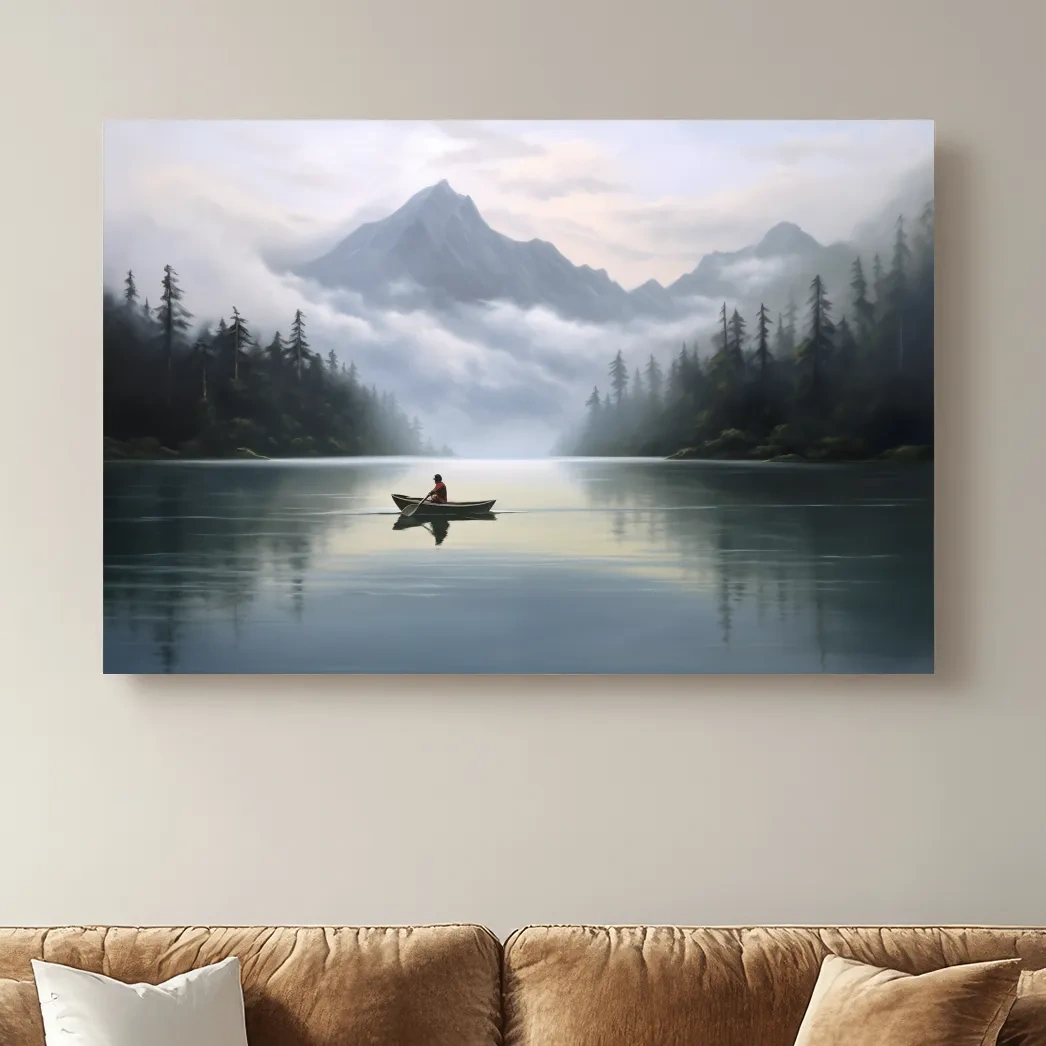 Painting of a person in a canoe on an alpine lake
