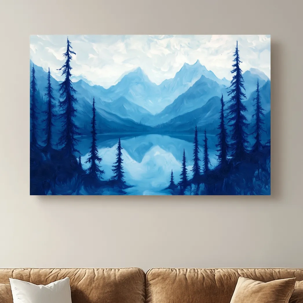 Oil painting artwork, view over an alpine lake in the mountains