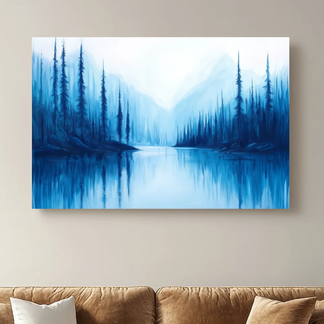 Misty Blue Alpine Lake & Pine Forest - Impressionist Landscape Painting Artwork