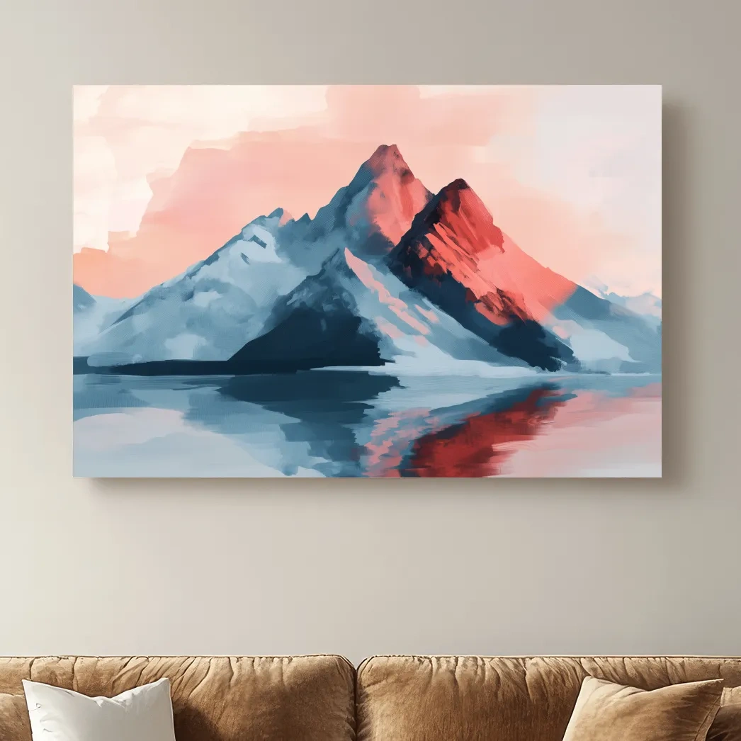 Pastel mountain painting at sunset, glacier reflecting on a lake