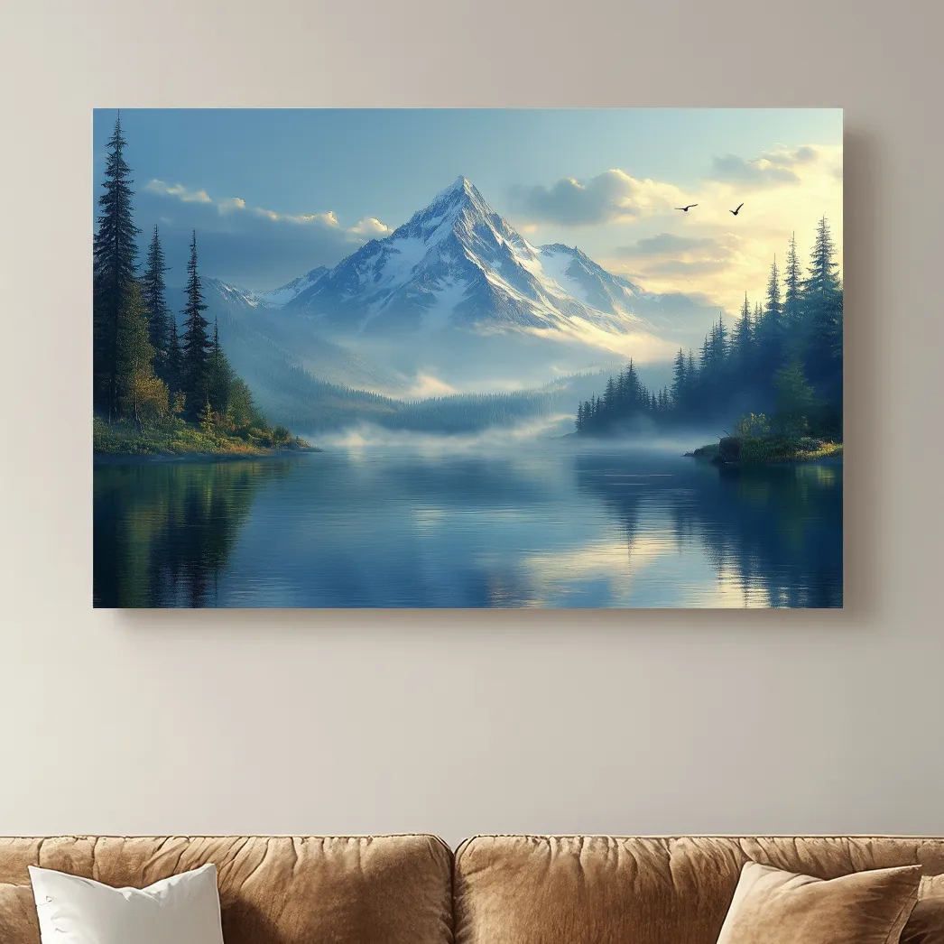 Beautiful misty alpine lake and forest beneath a glacier at sunset, photographic wall art