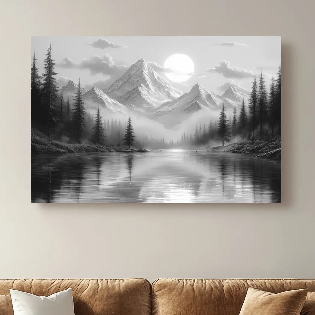 Misty forest and alpine lake beneath a glacier, black and white wall art