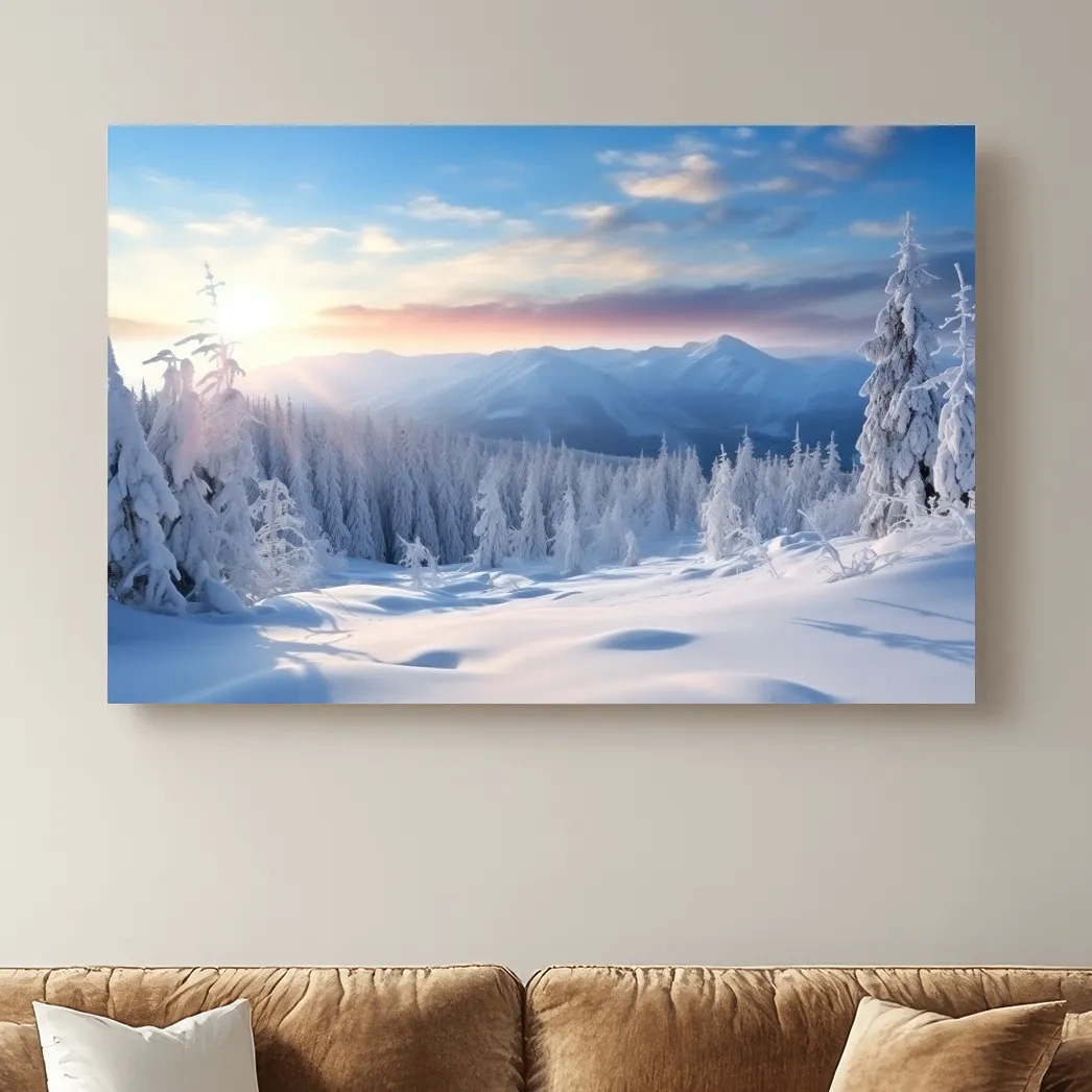Snow covered alpine forest at sunset, photographic art