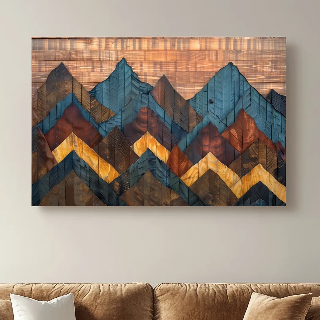 Geometric Wood Grain Mountain Range - Rustic Landscape Artwork