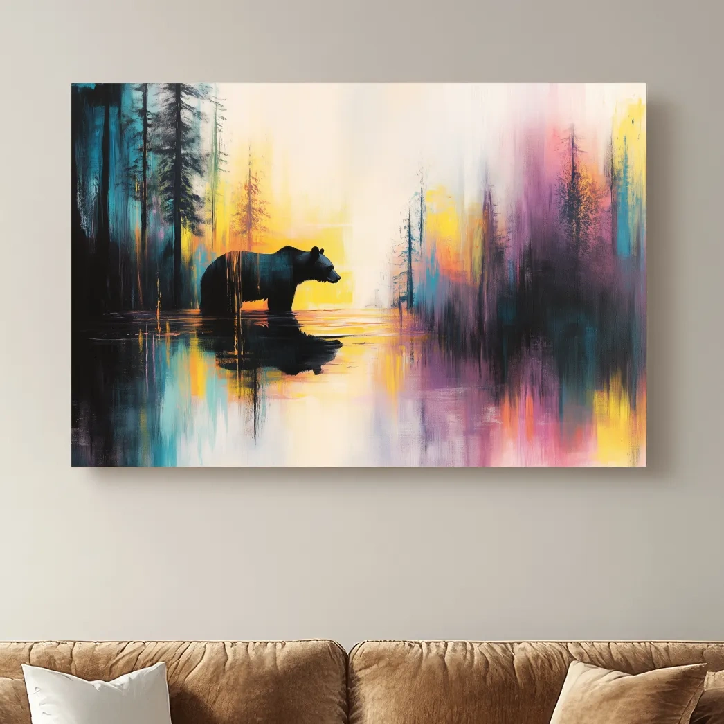 Grizzly bear in a river painting, colorful abstract wall art
