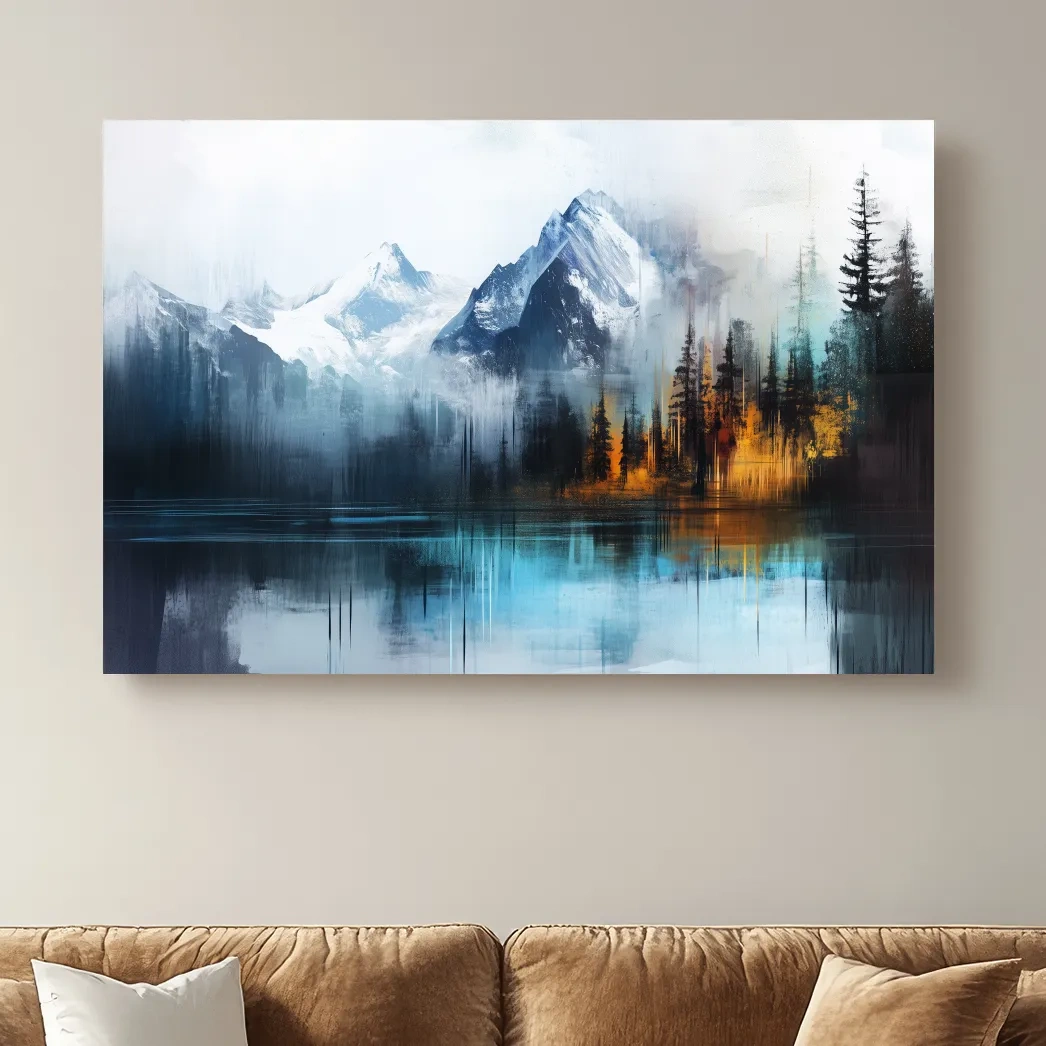 Misty Mountain & Lake Reflection - Abstract Painting Pine Forest Wall Art