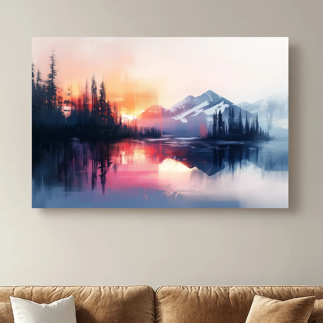 Textured painting wall art, sunset over alpine mountains, lake and forest