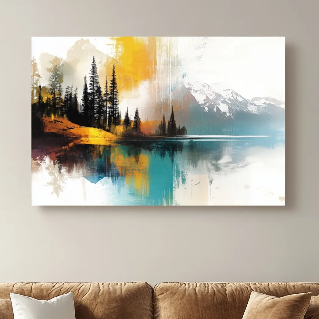 Colorful Abstract Mountain Lake Reflection Painting - Forest Landscape Wall Art
