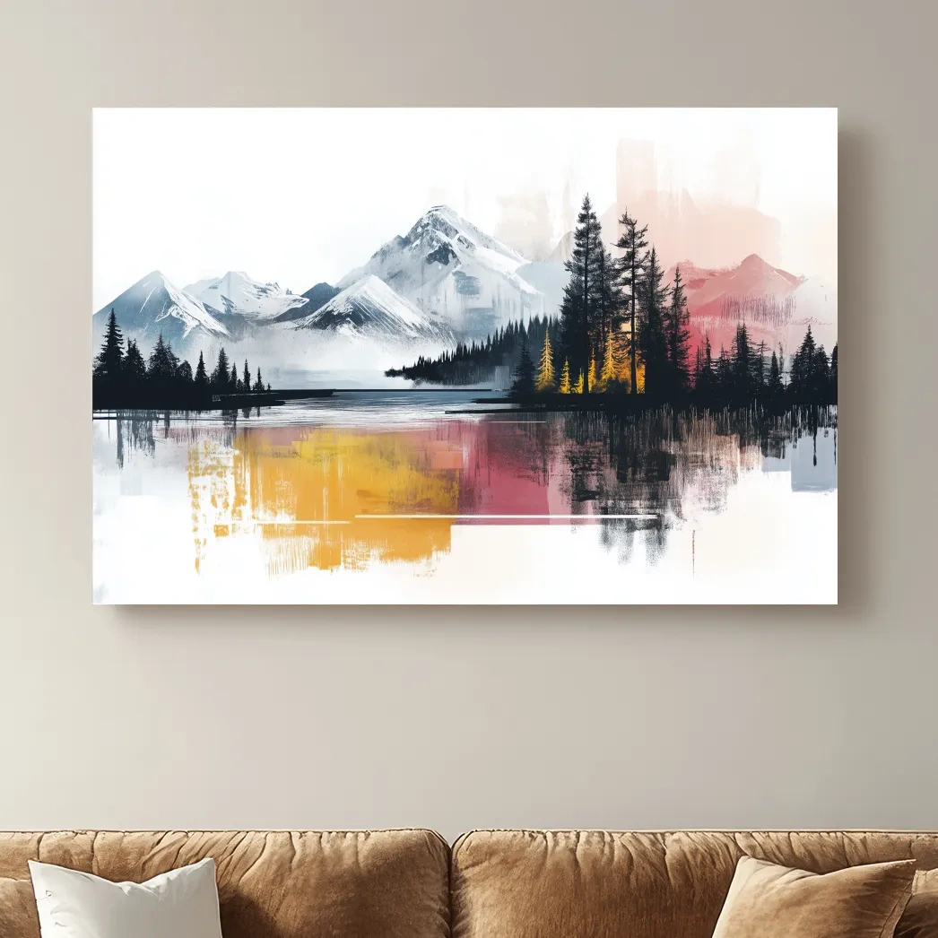 Abstract Misty Mountain Lake Painting - Modern Watercolor Pine Forest Art