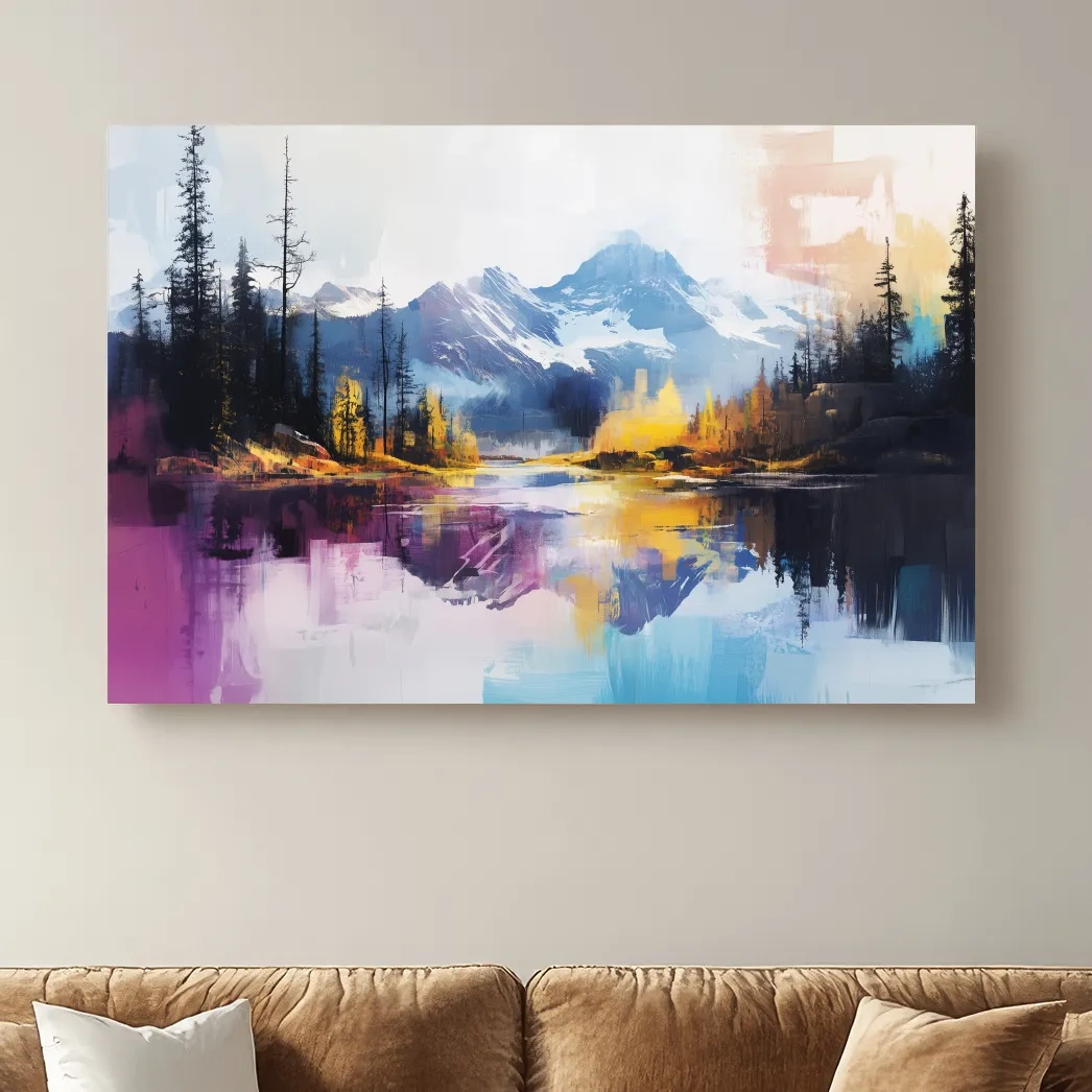 Vibrant Abstract Mountain Lake Reflection Painting - Colorful Modern Landscape Wall Art