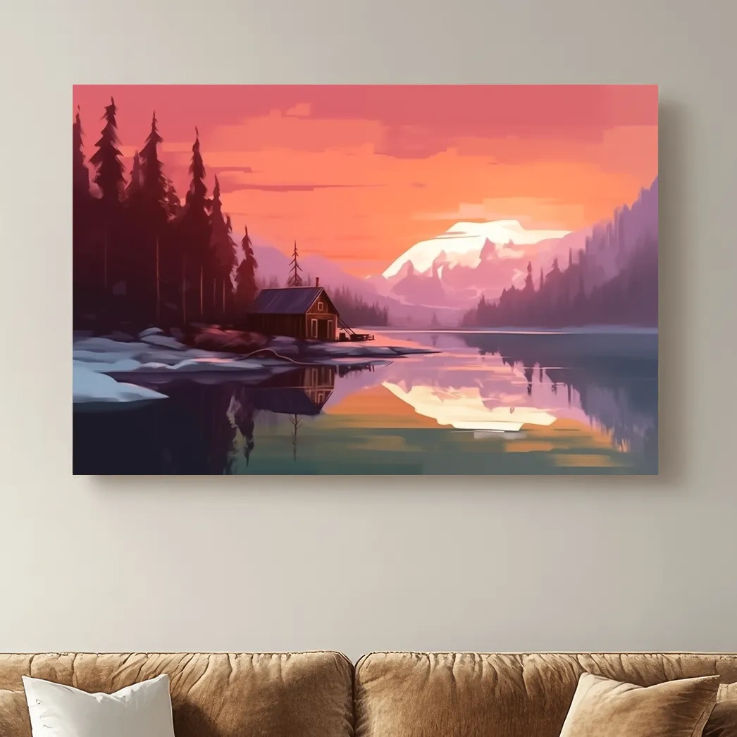 Sunset Mountain Lake Cabin Painting - Serene Alpine Landscape Wall Art
