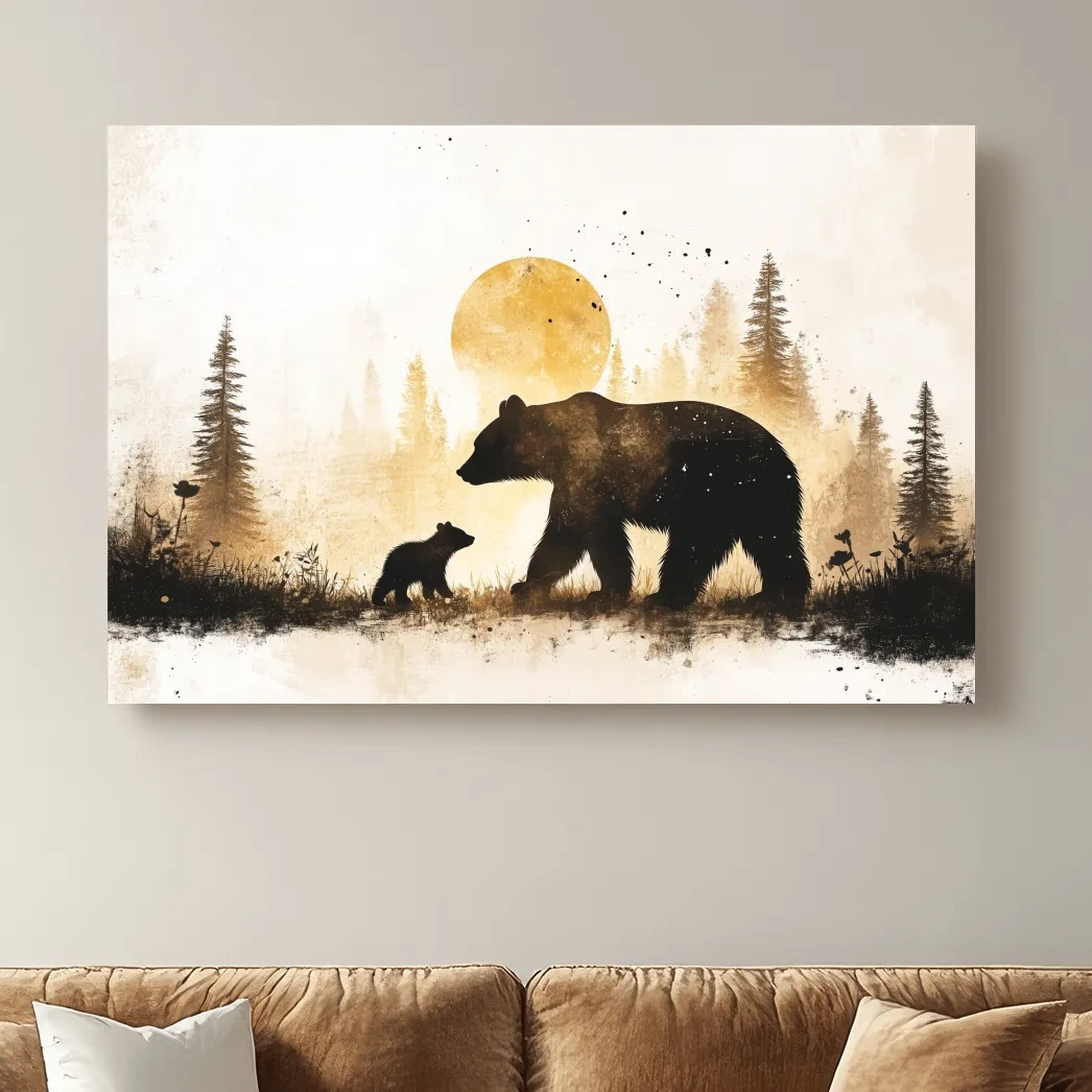 Momma bear and her cub in the forest, textured illustration wall artwork