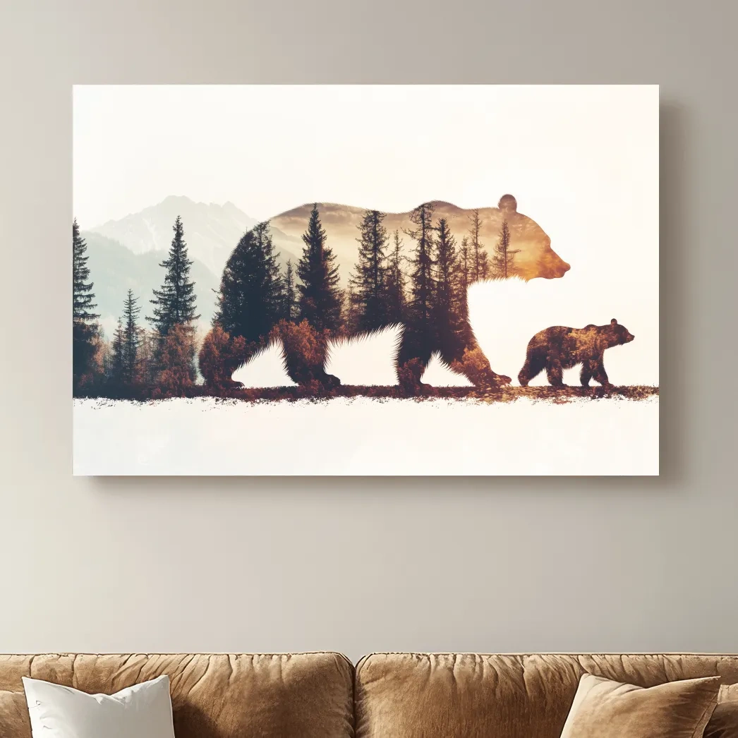 Double exposure forest wall art, momma bear and her cub