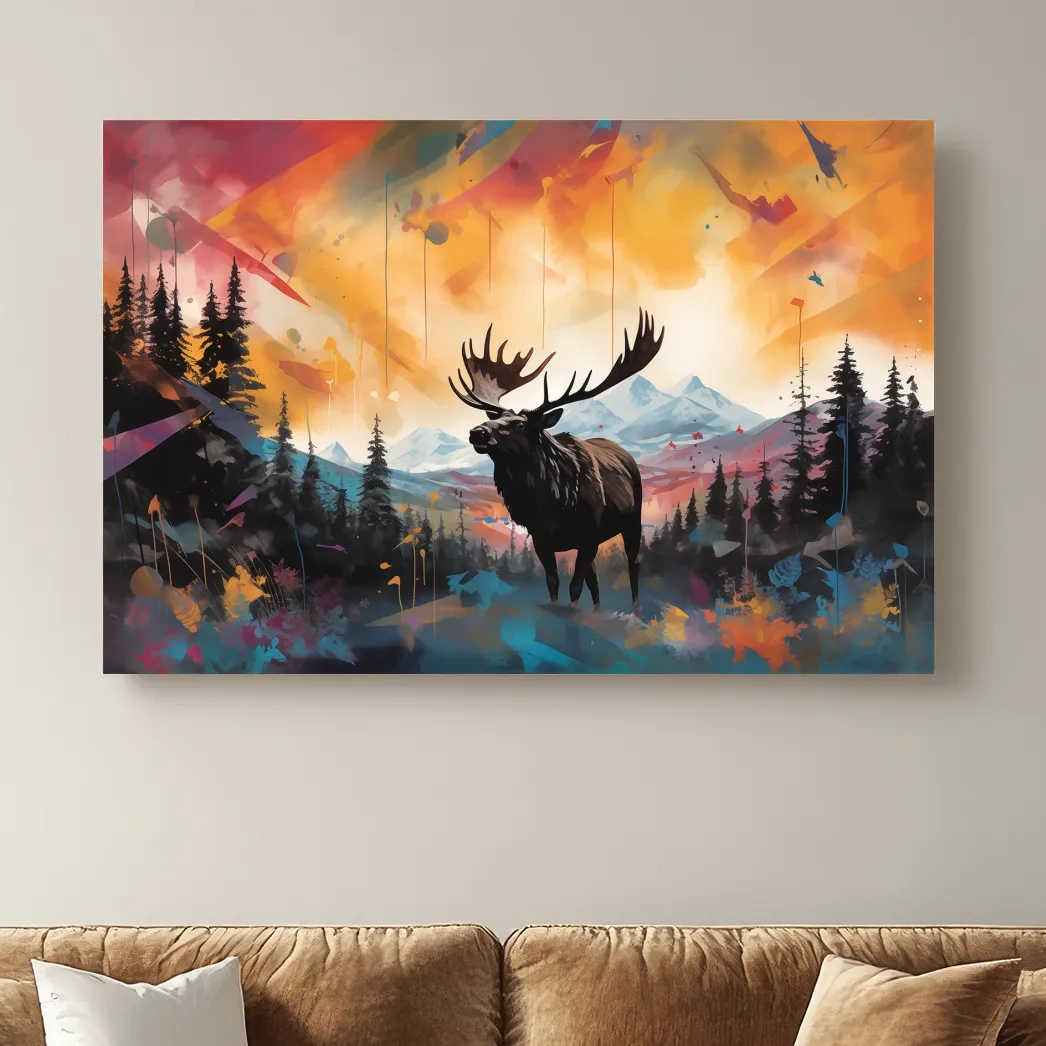 Vibrant Abstract Moose Mountain Painting - Colorful Wildlife Wall Art