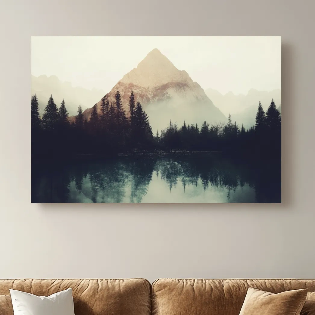 Misty Pine Forest Silhouette Lake Reflection - Moody Mountain Wall Art