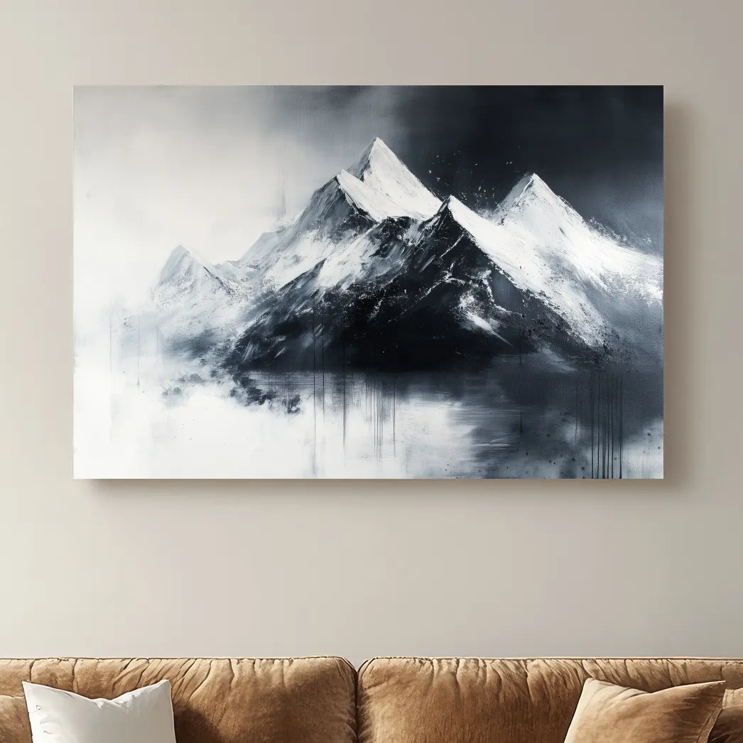 Moody Monochrome Snowcapped Mountain Peaks Painting - Modern Minimalist Wall Art