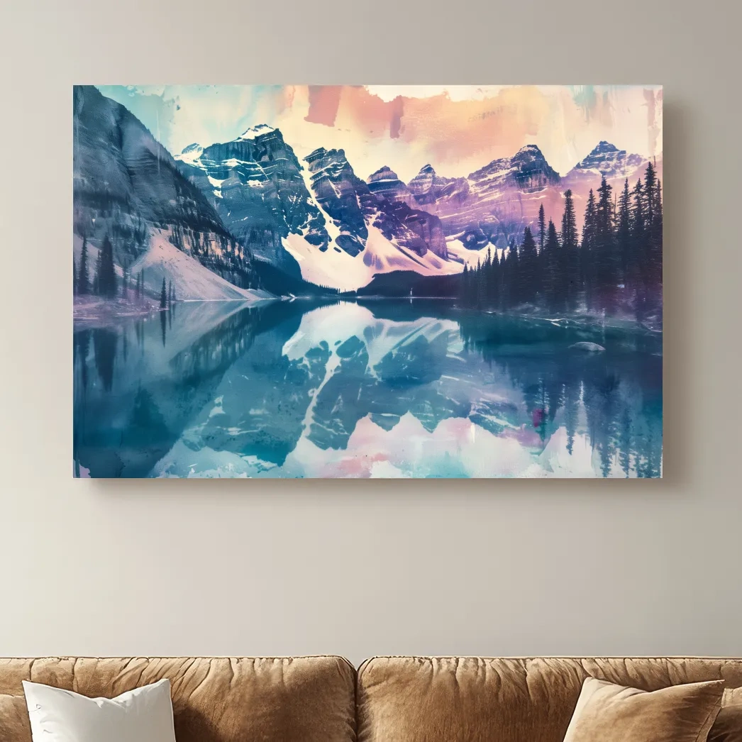 Valley of the Ten Peaks, Moraine Lake Banff. Watercolour painting postcard style mountain artwork