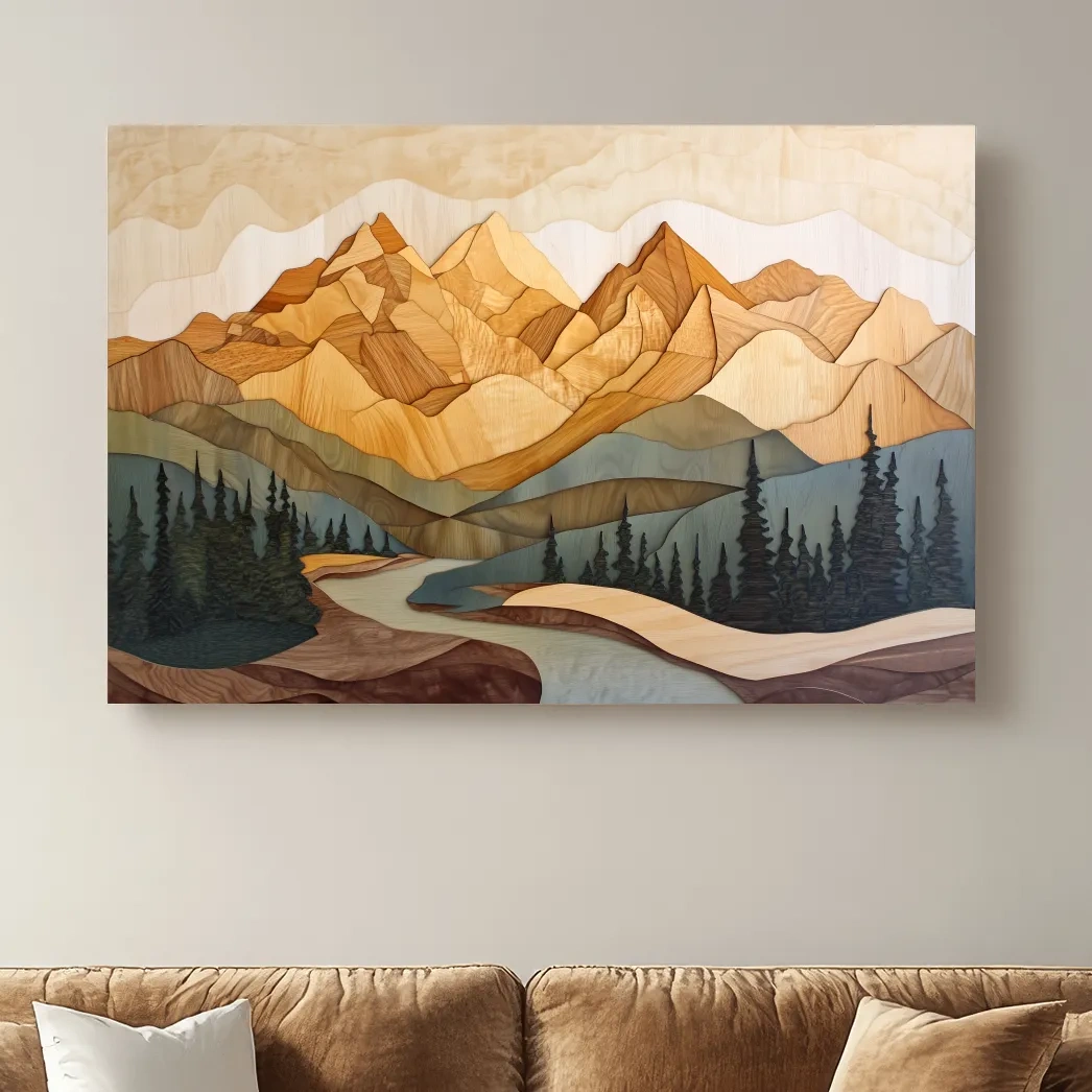 Wood Intarsia Mountain Landscape - Warm Earth Tone Alpine Forest Wall Art