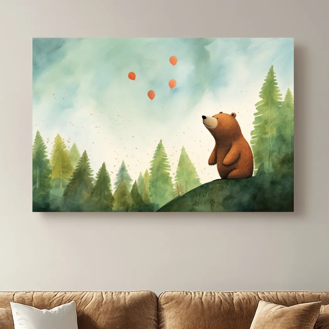 Illustration of a cute happy bear gazing into the sky, nursery wall art