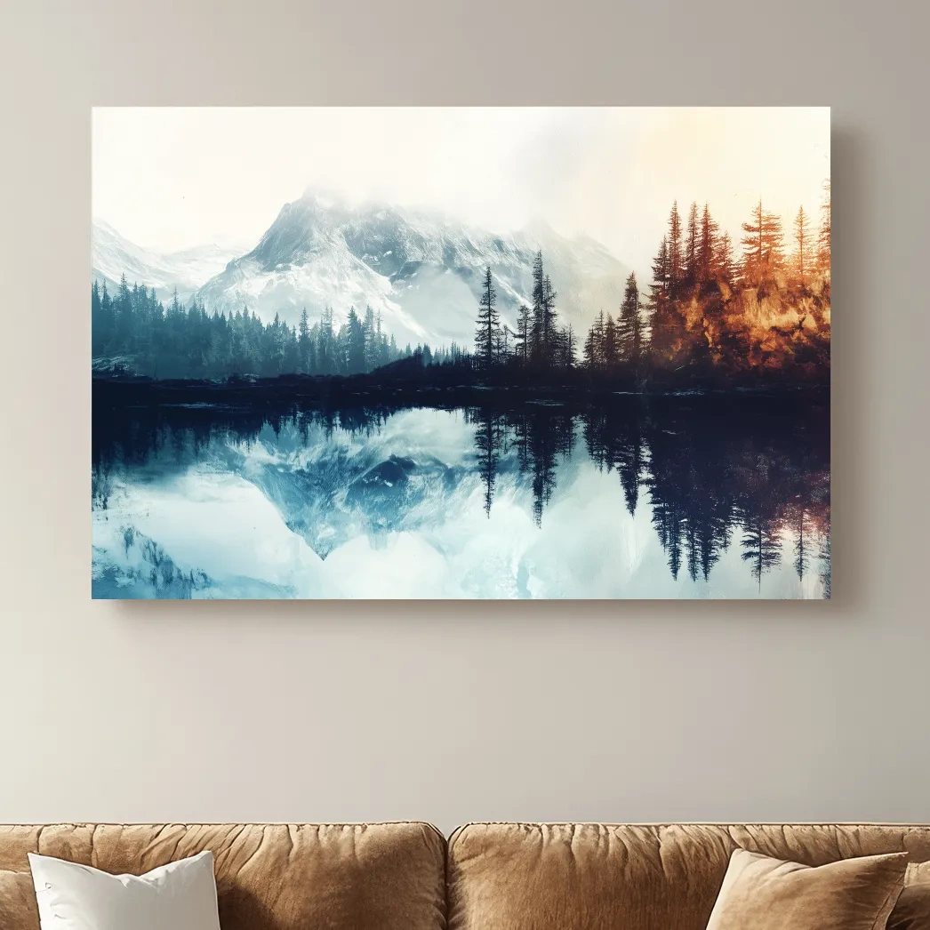 Misty Alpine Lake Reflection Landscape - Mountain Forest Sunrise Wall Art