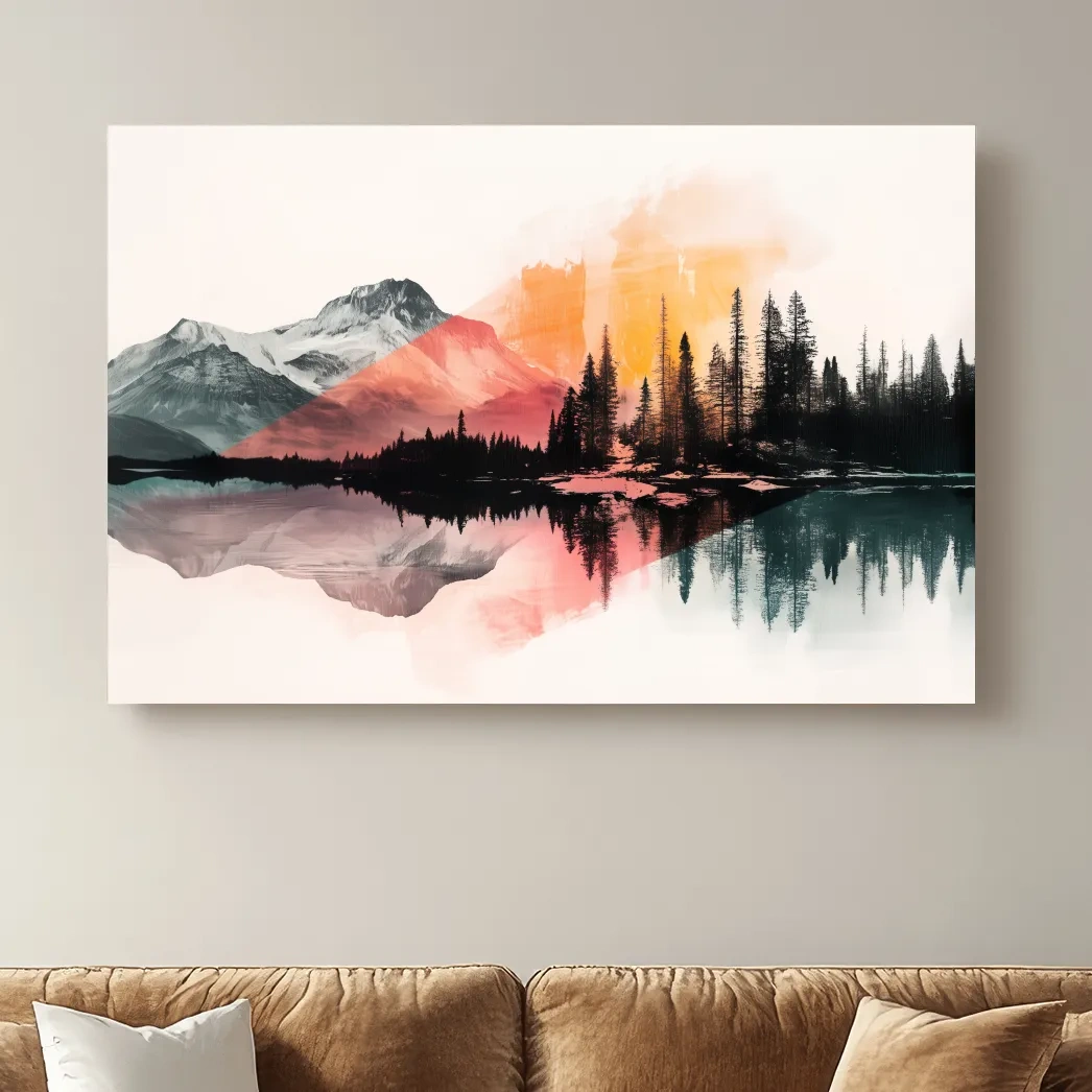 Modern abstract mountain wall artwork painting, glacial lake and forest, vibrant textured style