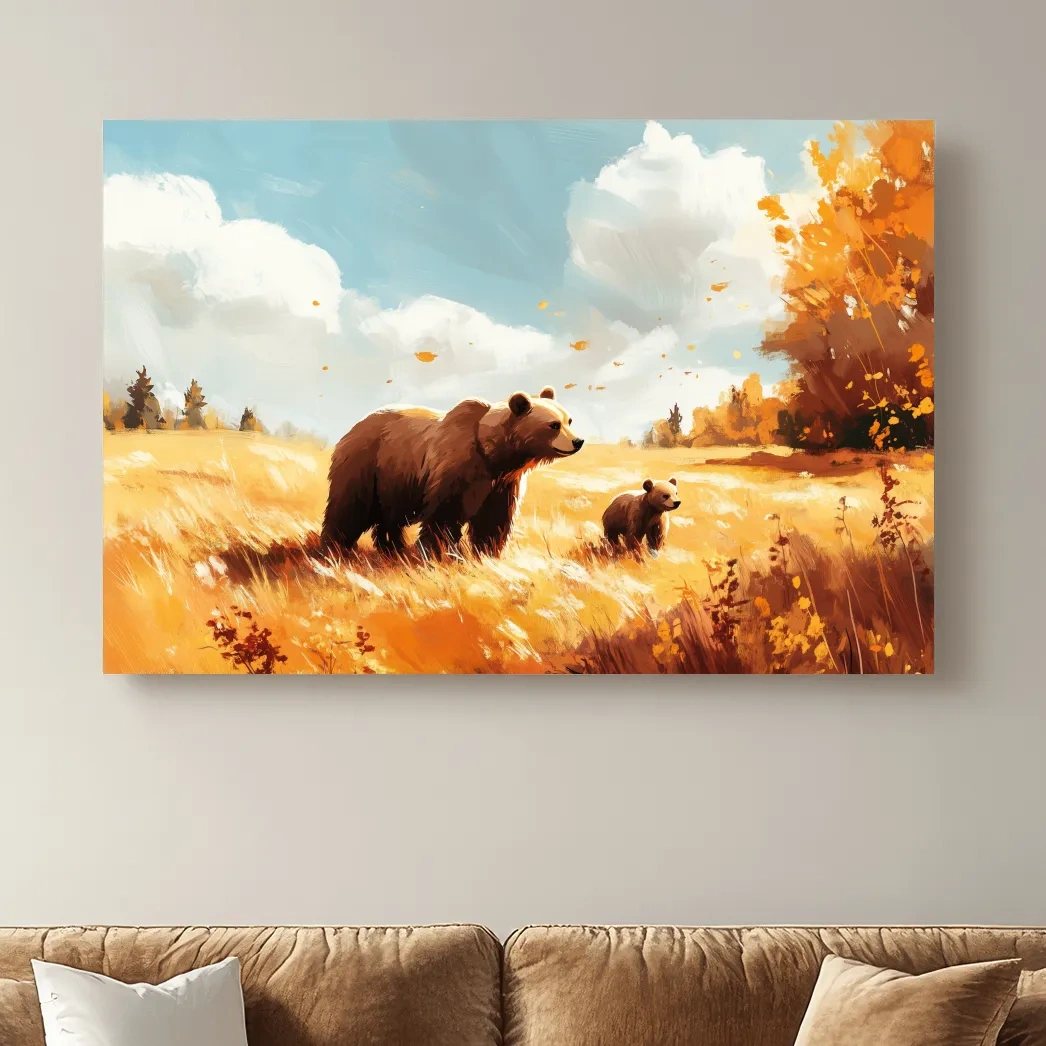 Autumn Grizzly Bear & Cub Painting - Warm Golden Wildlife Wall Art