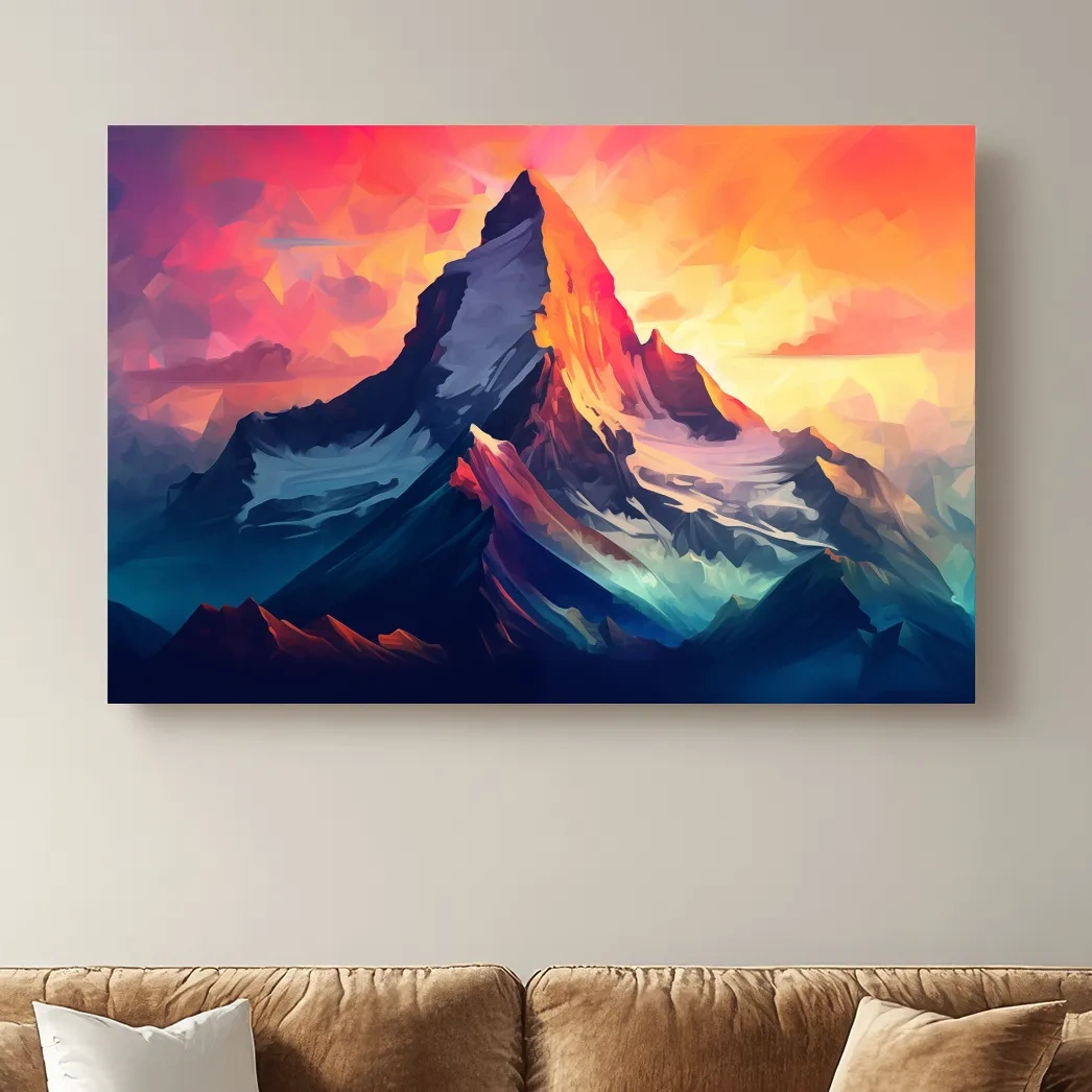 Vibrant Geometric Alpine Peak Sunrise - Modern Abstract Mountain Wall Art