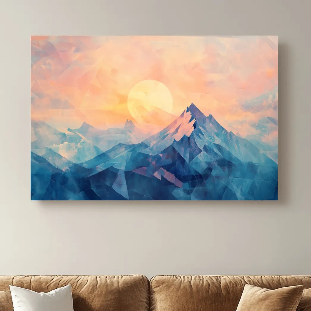 Sunset mountain wall art, geometric fragmented mosaic effect, textured art finish