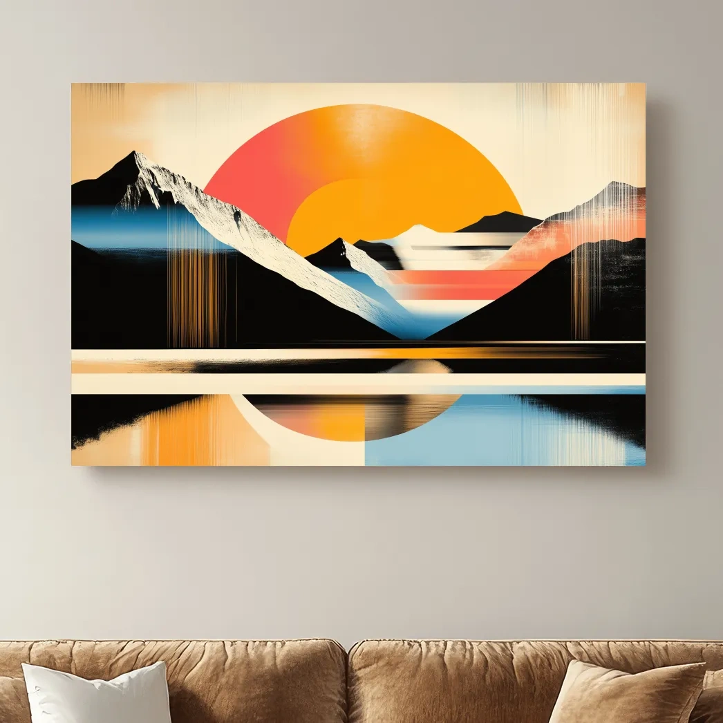 Abstract alpine mountain wall art, bold retro geometric landscape with vibrant colors