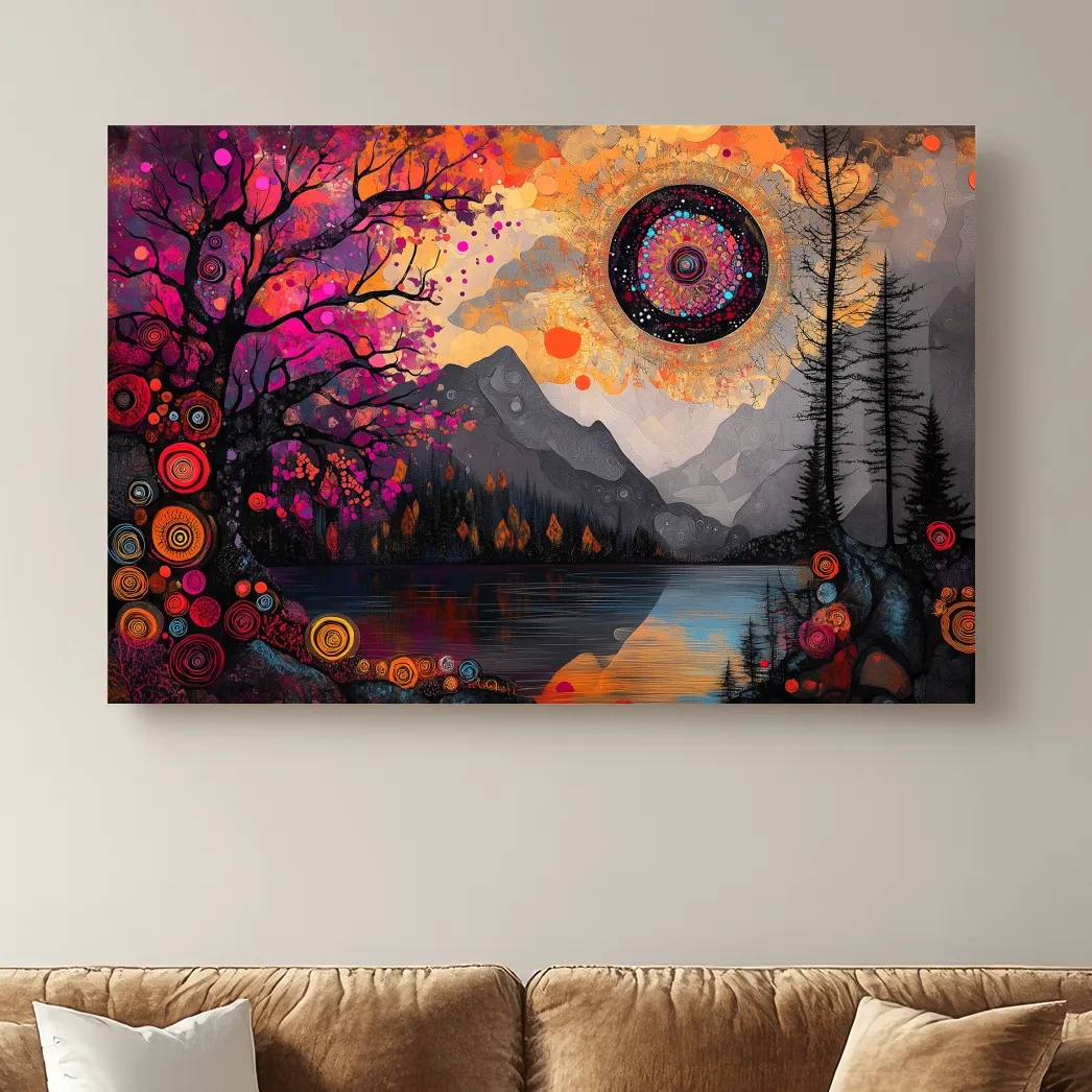 Psychedelic Mountain Lake Sunset Mandala - Vibrant Surreal Landscape Wall Art