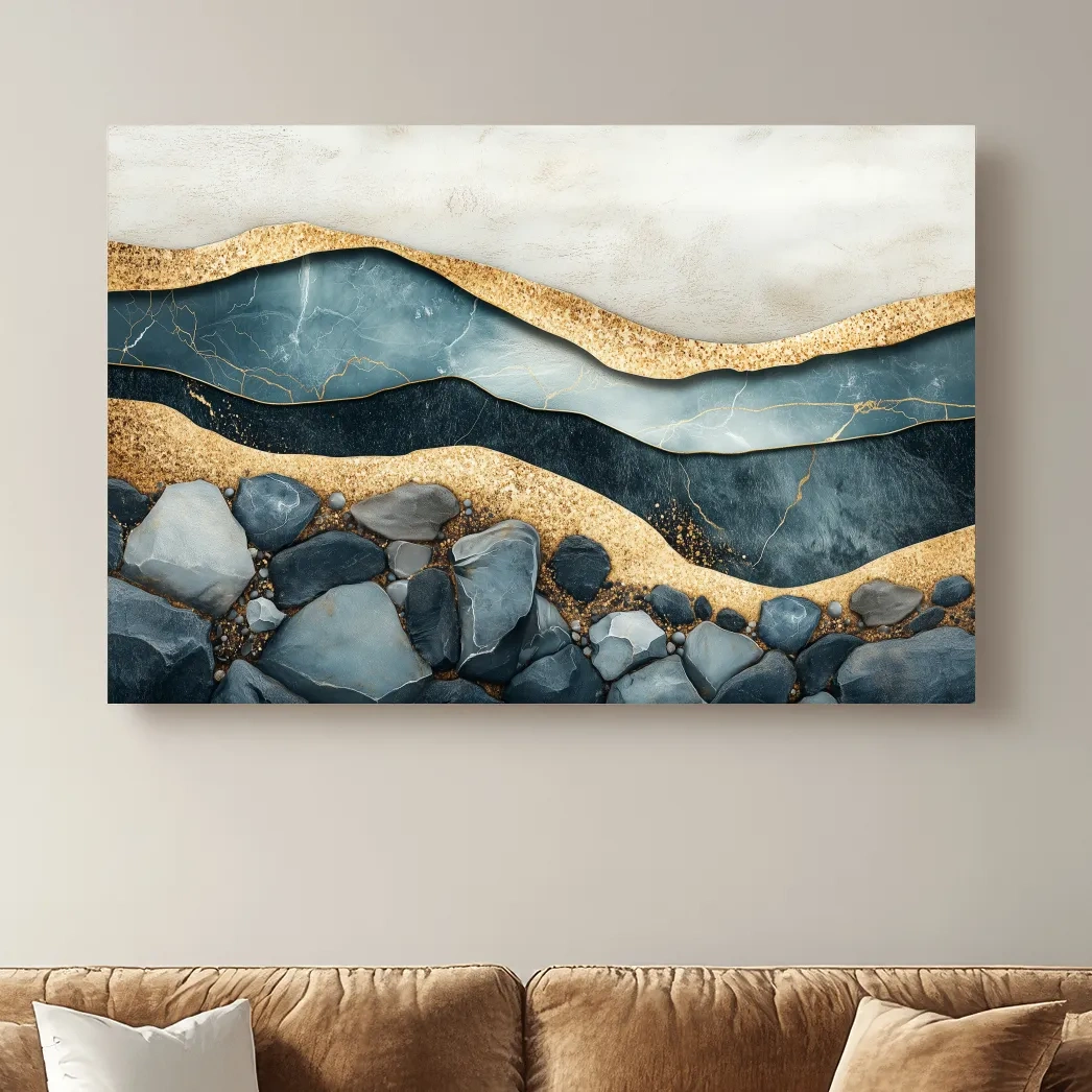 Luxury Teal Gold Marble Geode Layers - Modern River Rock Wall Art