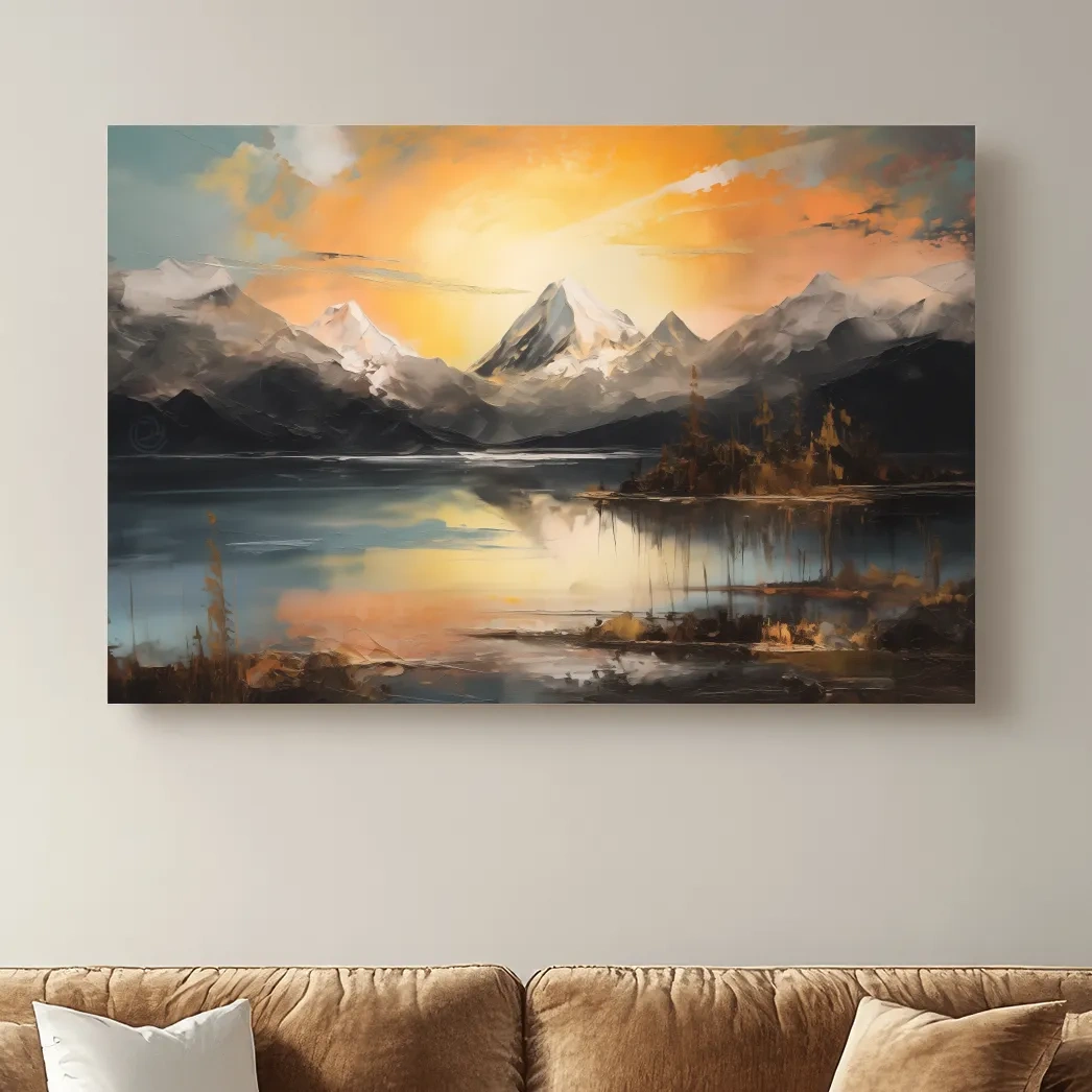 Alpine mountain sunrise over a tranquil lake, dramatic oil painting wall art