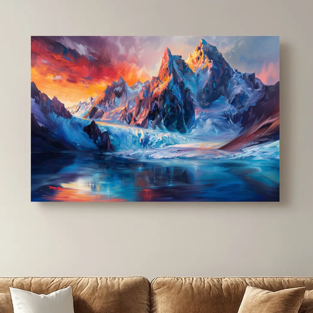 Vibrant Glacial Sunset Impressionism Painting - Dramatic Alpine Mountain Wall Art