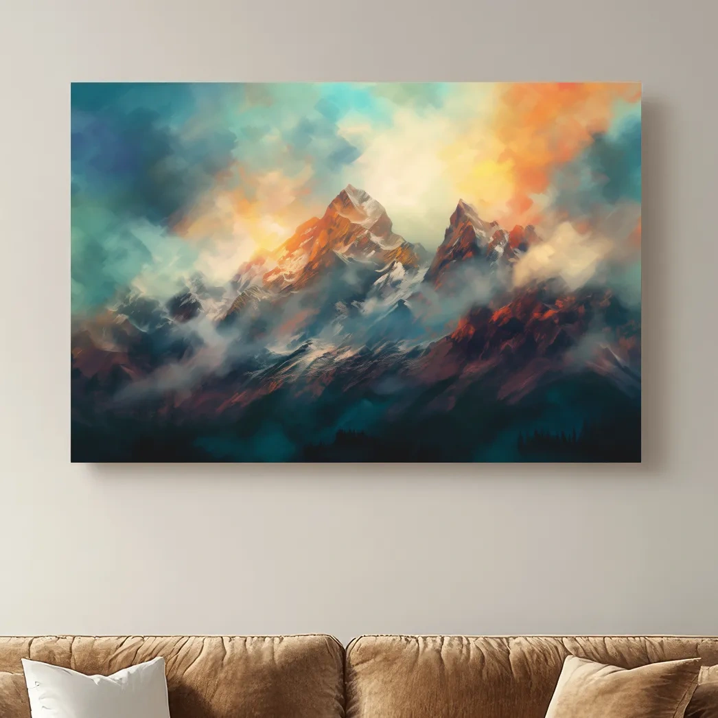Abstract Sunrise Mountain Peaks Painting - Colorful Alpine Landscape Wall Art