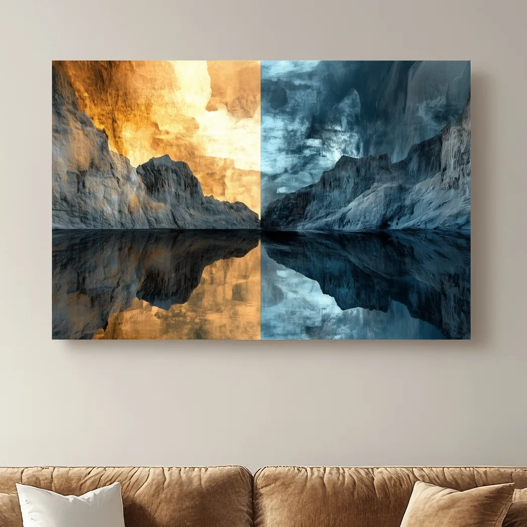 Dual tone mountain landscape artwork, fiery sunset and cool twilight reflection